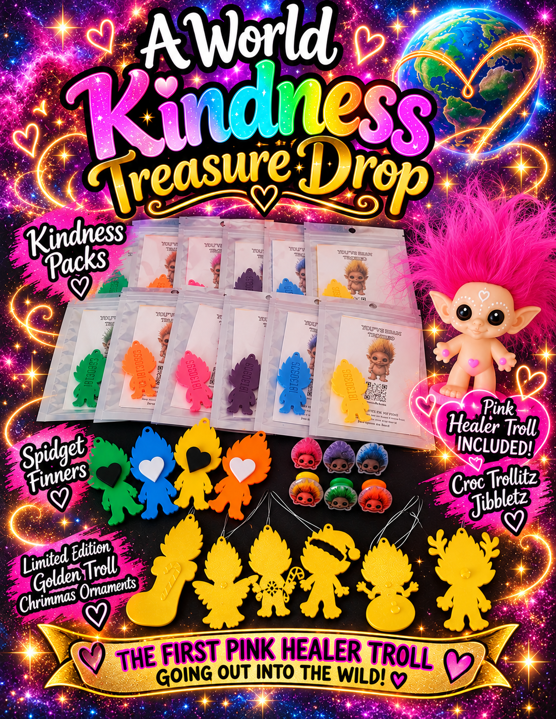 Kindness Day treasure pack with the handmade Pink Healer Celestial Troll Doll, kindness packs, troll fidget spinners, Croc Trolltz Jibbletz and golden Christmas ornaments