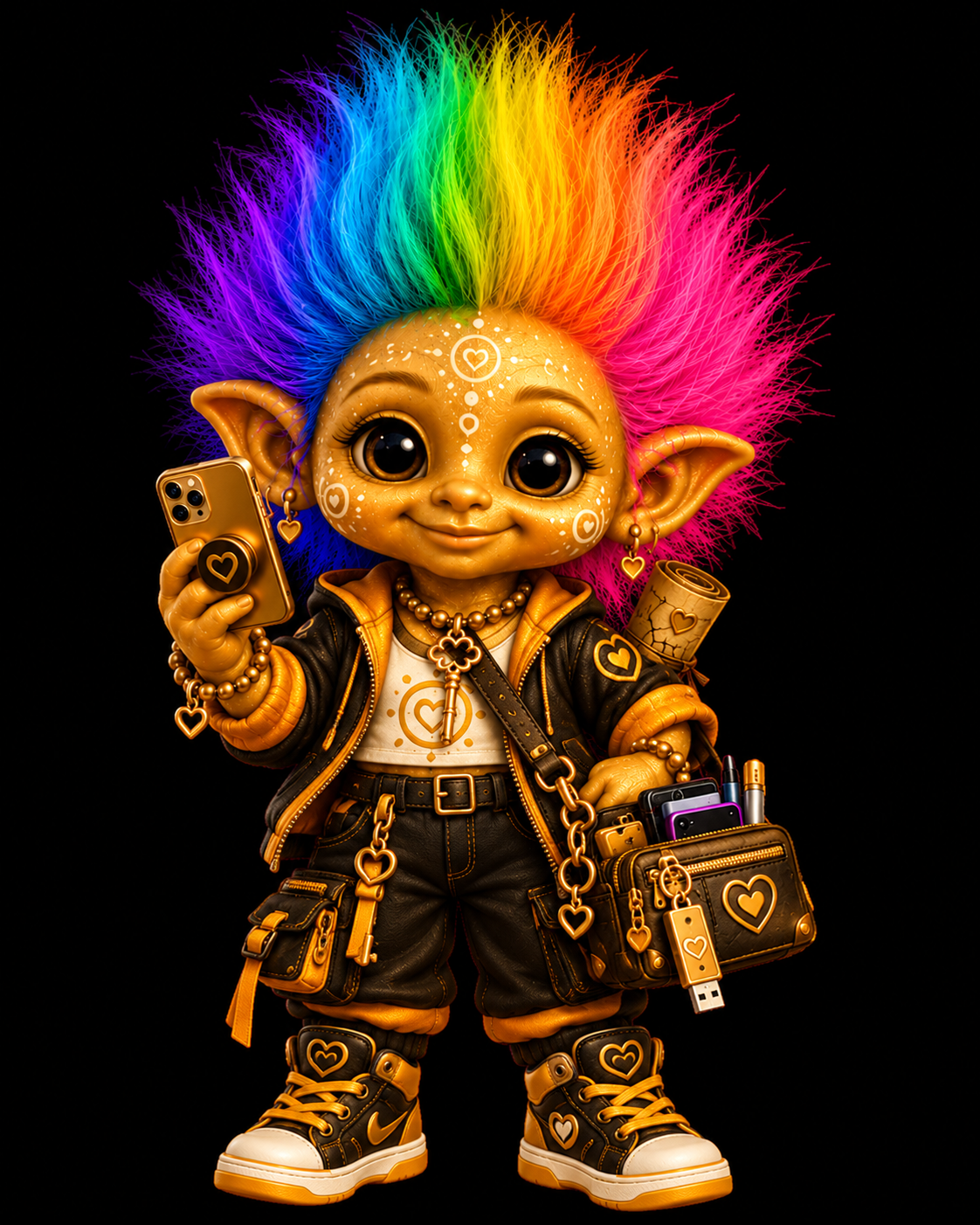 Tech Treasurekeeper, a golden troll with rainbow hair carrying a phone and a scroll