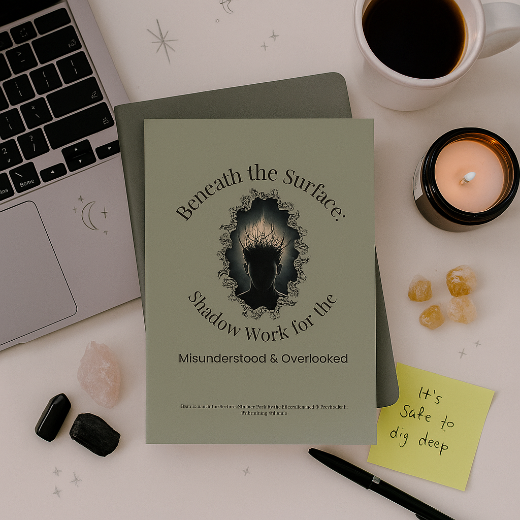Beneath the Surface shadow work workbook cover displayed beside a laptop, coffee, and candle