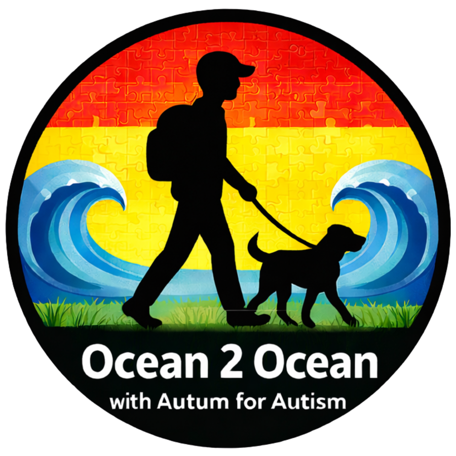 Ocean 2 Ocean with Autum for Autism logo: a silhouette of Jody walking his dog Autum on a leash, set inside a circle with a sunset-coloured sky, ocean waves, and Canadian coastal landscape around it.